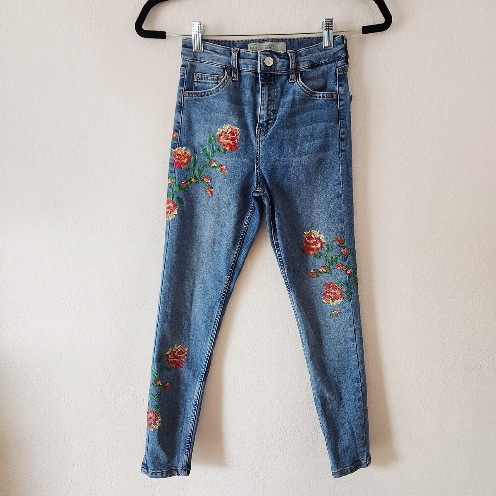 TOPSHOP Moto Jamie Floral Embroidered Jeans High Waisted Skinny Ankle Pants 26